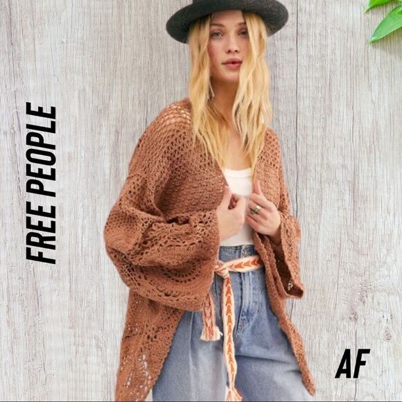 FREE PEOPLE BY FLOOK CROCHET KIMONO NEW NWT BROWN SMALL - Picture 1 of 10